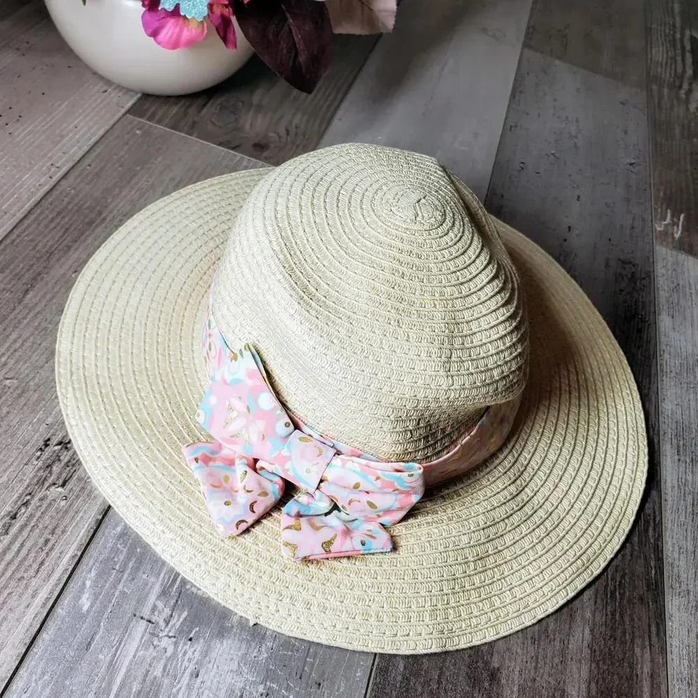 NWT Tommy Bahama Kids Girls Straw Hat with Blue & Pink Metallic Bow